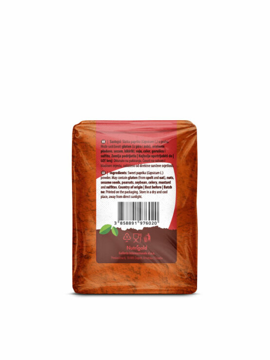 Nutrigold sladka paprika v prahu v prozorni plastični embalaži.
