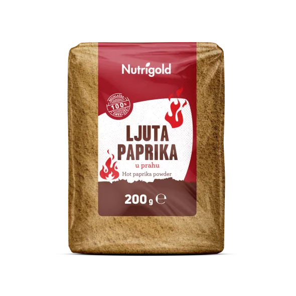 Nutrigold pekoča paprika v prahu v prozorni plastični embalaži, 200g.