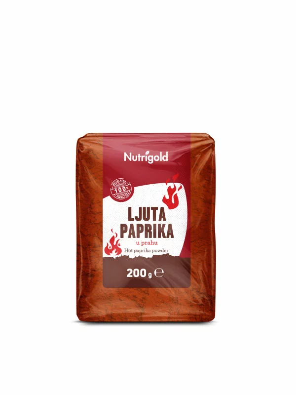 Nutrigold pekoča paprika v prahu v prozorni plastični embalaži, 200g.
