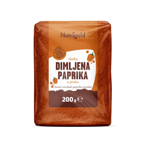 Nutrigold dimljena paprika v prahu v prozorni plastični embalaži, 200g