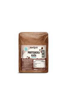 Nutrigold čokoladna beljakovinska kaša s chia semeni v 400 gramski prozorni embalaži.