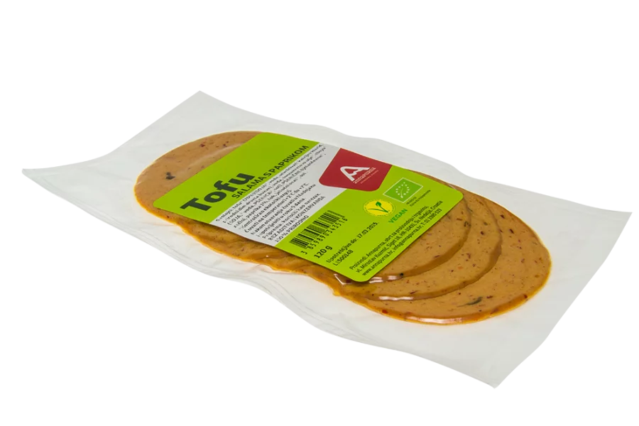 Annapurna ekološka tofu salama s papriko v vakumirani prozorni plastični embalaži, 100g.