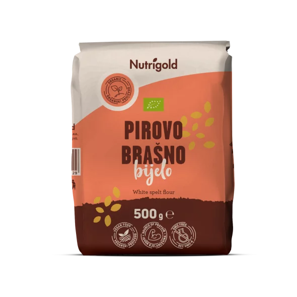 Nutrigold ekološka bela pirina moka Tip 630 v rjavi papirnati embalaži, 500g.