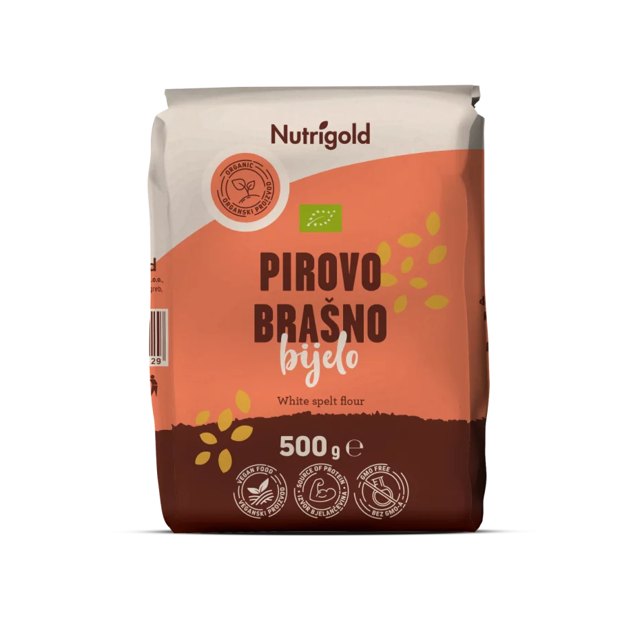 Nutrigold ekološka bela pirina moka Tip 630 v rjavi papirnati embalaži, 500g.