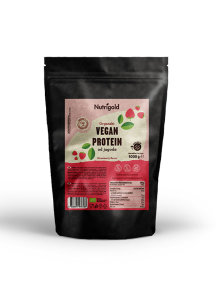 Nutrigold ekološke veganske beljakovine z okusom po jagodi v temni plastični embalaži, 1000g.