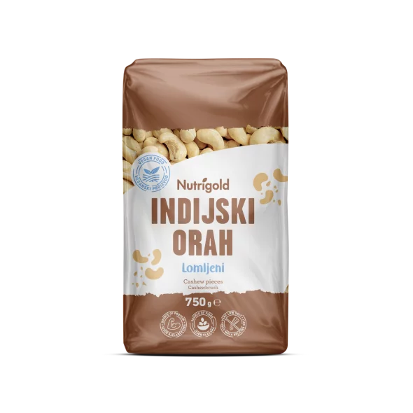 Nutrigold lomljeni suvori indijski oreščki v prozorni plastični embalaži, 750 g.
