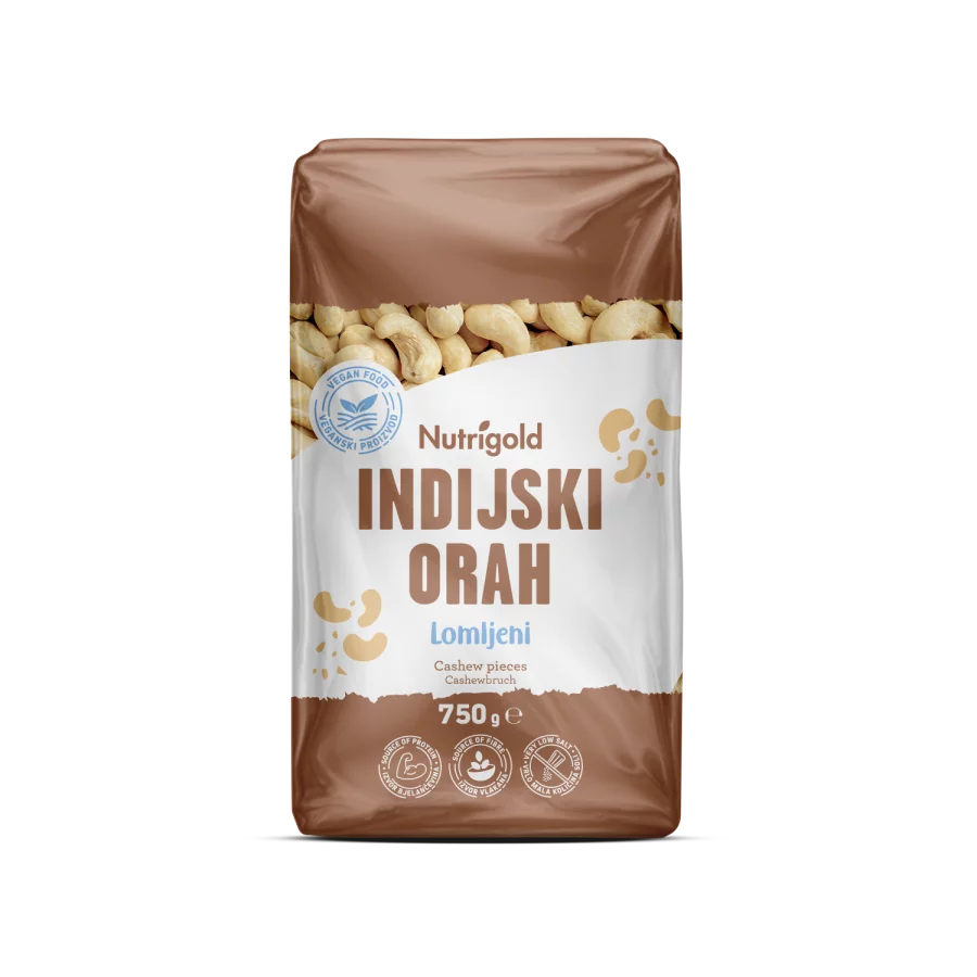 Nutrigold lomljeni suvori indijski oreščki v prozorni plastični embalaži, 750 g.