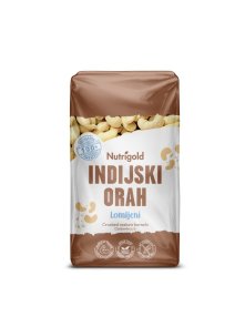 Nutrigold lomljeni presni indijski oreščki v prozorni plastični embalaži, 750g.