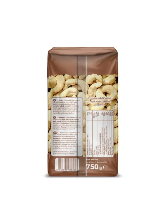 Nutrigold lomljeni presni indijski oreščki v prozorni plastični embalaži, 750g.