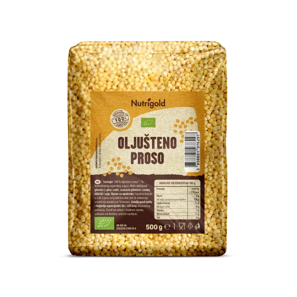 Nutrigold ekološko oluščeno proso - prosena kaša v prozorni plastični embalaži, 500 g.