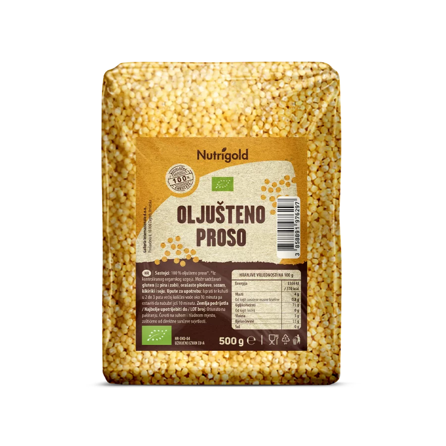 Nutrigold ekološko oluščeno proso - prosena kaša v prozorni plastični embalaži, 500 g.