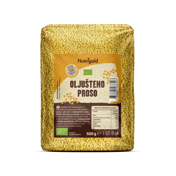 Nutrigold ekološko oluščeno proso - prosena kaša v prozorni plastični embalaži, 500 g.