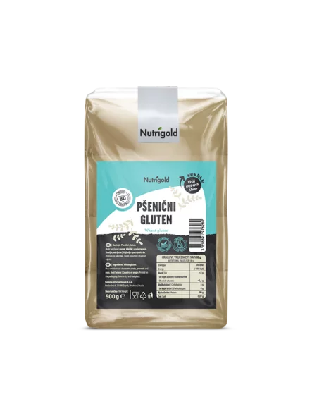 Nutrigold pšenični gluten v prozorni plastični embalaži, 500g.
