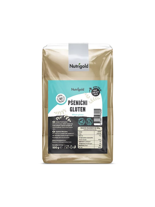 Nutrigold pšenični gluten v prozorni plastični embalaži, 500g.