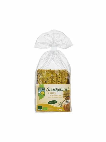 Bohlsener Muhle ekološki hrustljavi kruhki s karijem in bučo v prozorni plastični embalaži, 200g.