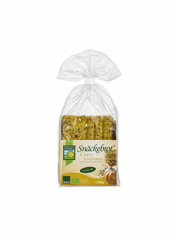 Bohlsener Muhle ekološki hrustljavi kruhki s karijem in bučo v prozorni plastični embalaži, 200g.