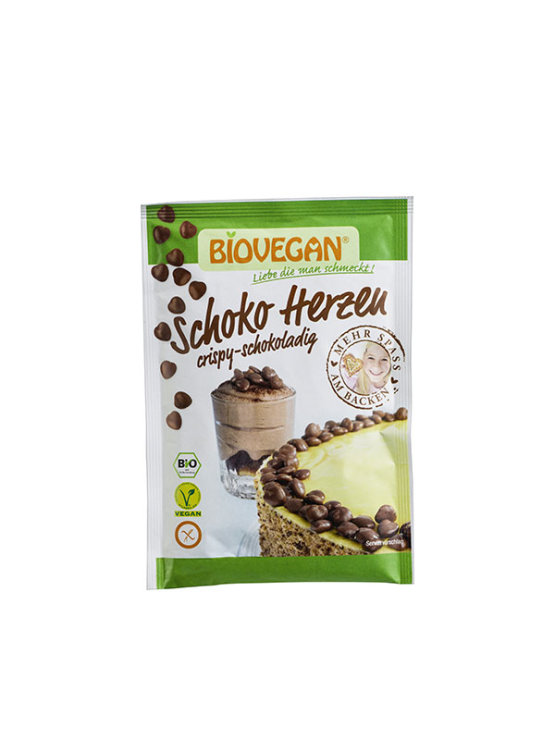 Biovegan čokoladni srčki za okraševanje brez glutena v papirnati embalaži, 35g.