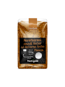 Nutrigold nerafiniran sladkorj iz sladkornega trsa v prozorni plastični embalaži, 500g.