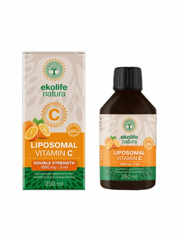 Ekolife Natura liposomski vitamin C z okusom pomaranče v plastični embalaži, 250ml.