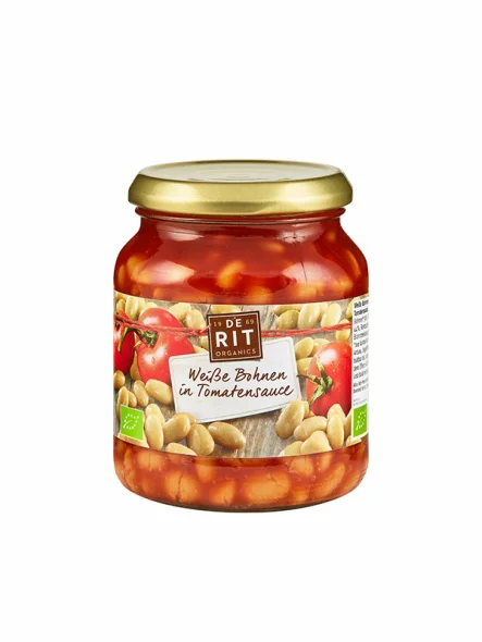 De Rit ekološki beli fižl v pradižnikovi omaki v kozarcu, 360g.