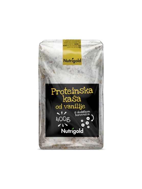Nutrigold bveljakovinska kaša z vanilijo in borovnico  v prozorni embalaži 400g