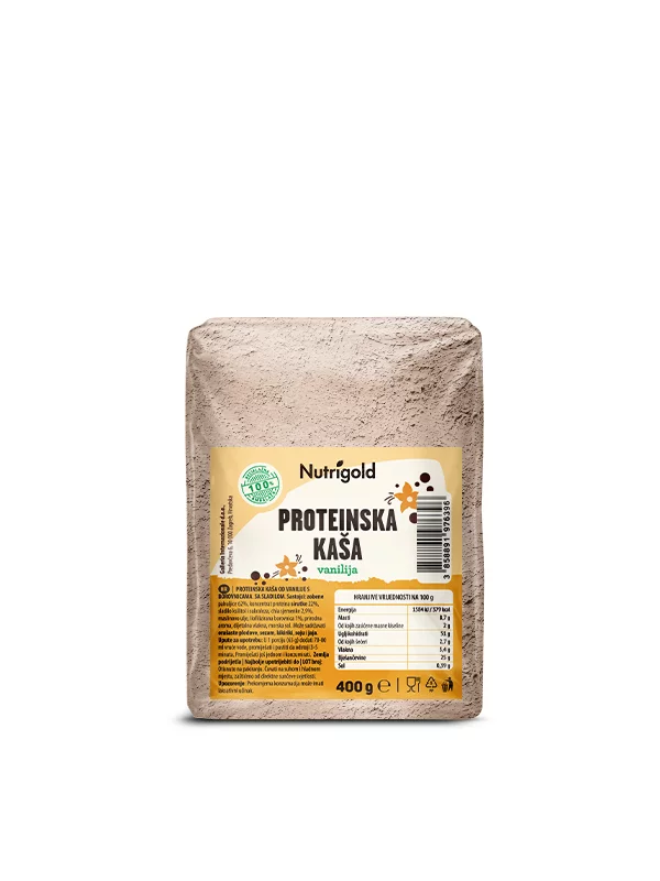 Nutrigold bveljakovinska kaša z vanilijo in borovnico  v prozorni embalaži 400g