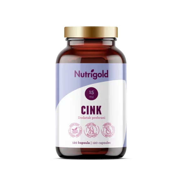 Nutrigold veganske cinkove kapsule v temni embalaži, 90 kapsul.
