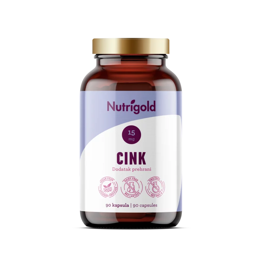 Nutrigold veganske cinkove kapsule v temni embalaži, 90 kapsul.
