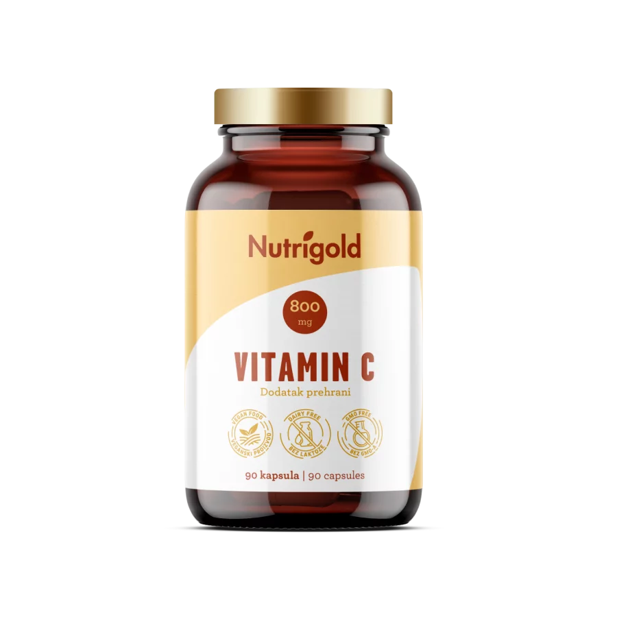 Vitamin C Nutrigod, 120 vegannskih kapsul v temni embalaži.
