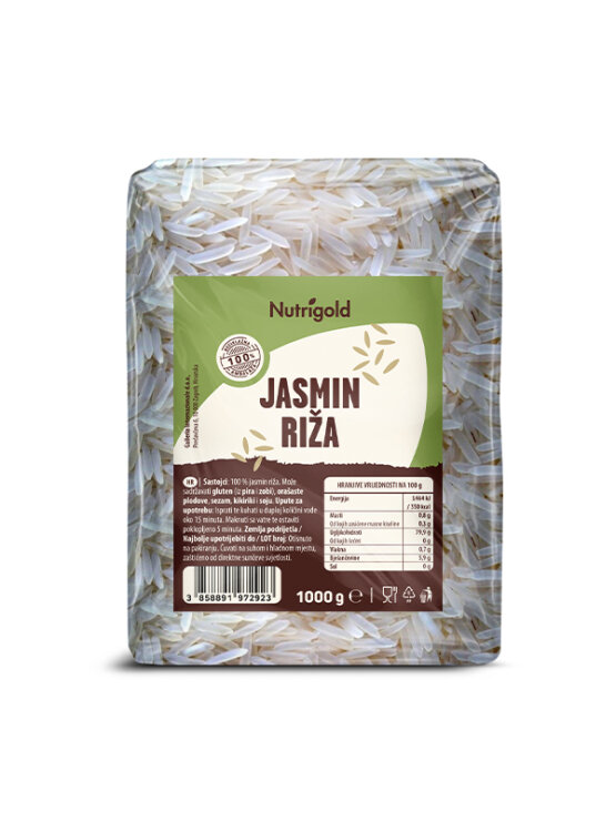Nutrigold ekološki jasminov riž v prozorni plastični embalaži, 500g.
