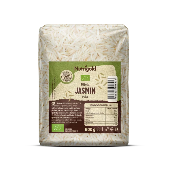 Nutrigold ekološki jasminov riž v prozorni plastični embalaži, 500g.