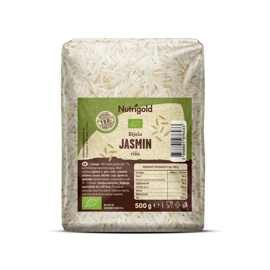 Nutrigold ekološki jasminov riž v prozorni plastični embalaži, 500g.