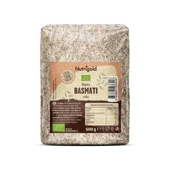 Nutrigold beli basmati riž v prozorni plastični embalaži, 500g.