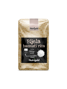 Nutrigold beli basmati riž v prozorni plastični embalaži, 500g.