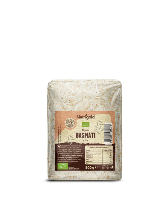 Nutrigold beli basmati riž v prozorni plastični embalaži, 500g.