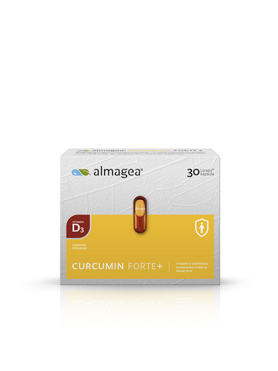 Almagea Curcumin Forte + prihaja v  kartonski embalaži, v kateri je o30 kapsul