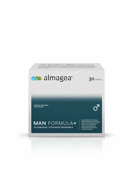 Almagea Man Formula+ v kartonski embalaži, ki vsebuje 30 vrečk