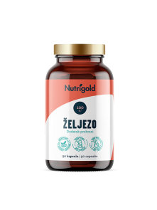 90 30mg veganskih kapsul z železom Nutrigold, v temni steklenički.