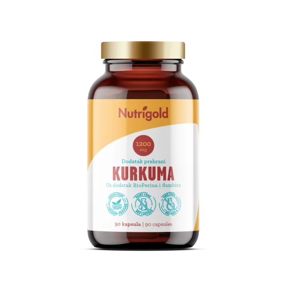 Nutrigold veganske kurkumine kapsule z dodatkom ingverja in bioperina v steklenički, 90 kapsul.