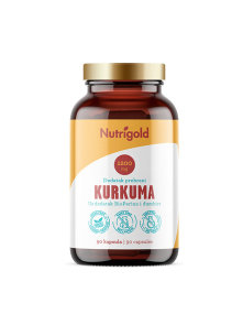 Nutrigold veganske kurkumine kapsule z dodatkom ingverja in bioperina v steklenički, 90 kapsul.