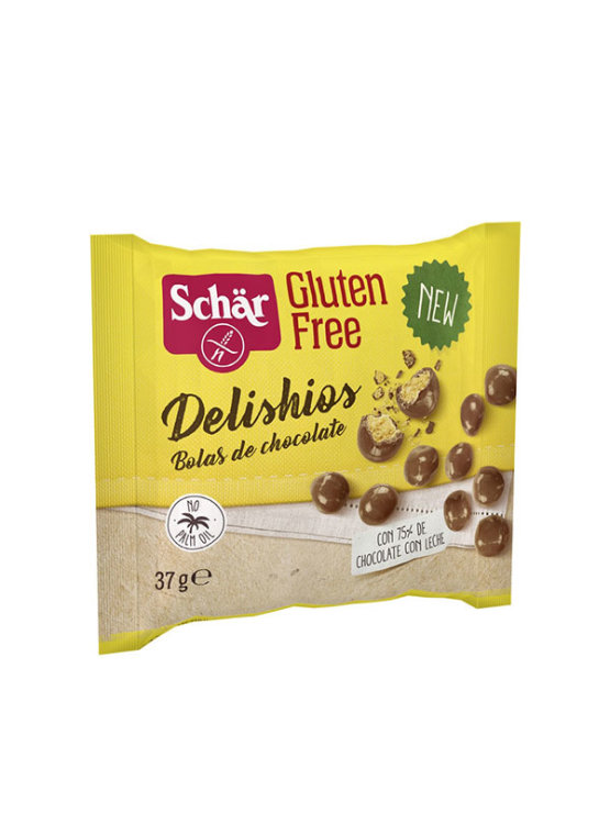 Schar čokoladni piškoti v obliki kroglic brez glutena v rumeni plastični embalaži, 37 g.
