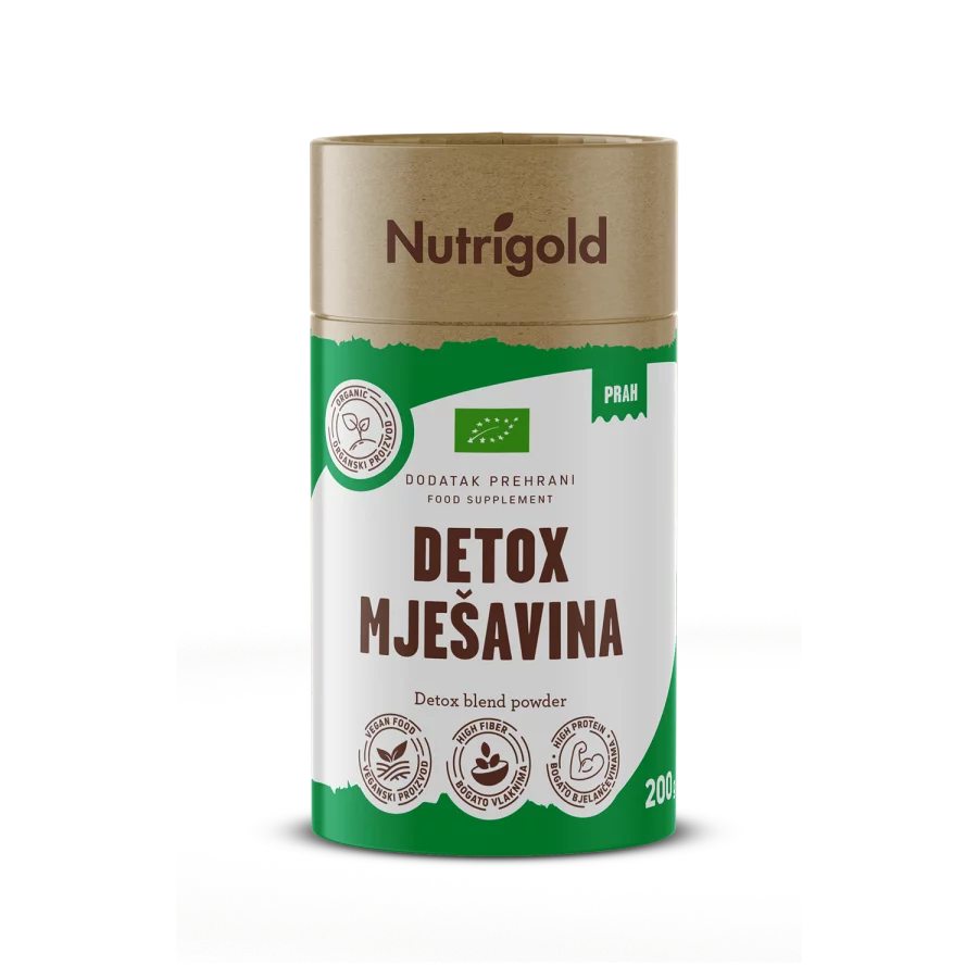 Nutrigold detoks mešanica za razstrupljanju v prahu v okrogli papirnati škatli 200 g