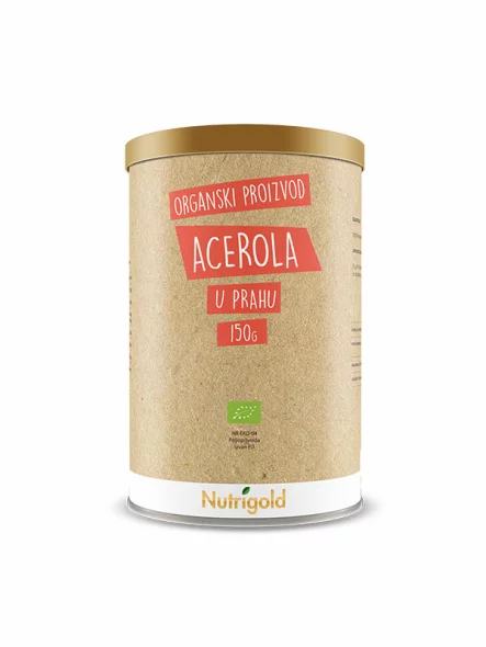 Nutrigold acerola v prahu iz ekološke pridelave prihaja v papirnati embalaži, 150g.