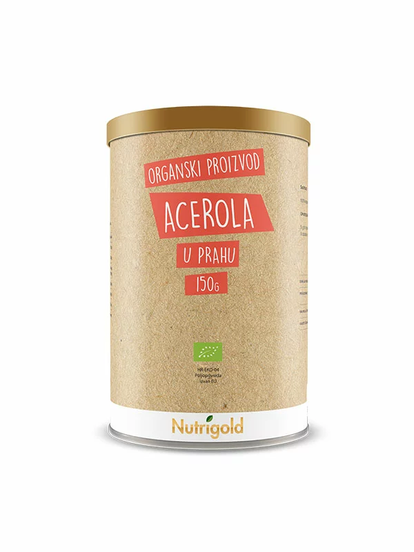 Nutrigold acerola v prahu iz ekološke pridelave prihaja v papirnati embalaži, 150g.
