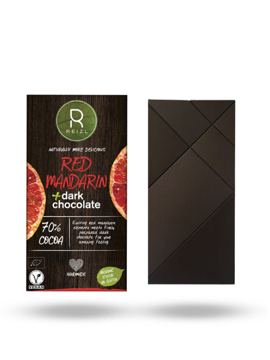 Reizl Veganska temna čokolada z Rdečo mandarino Brez glutena v temni embalaži, 70g