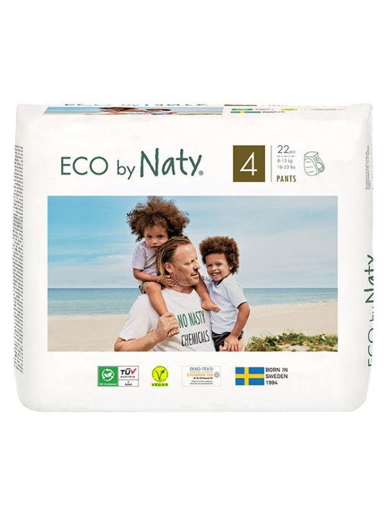 Eco ba Naty plenične hlačke za otroke velikosti 4 (8-15 kg) v papirnati embalaži vsebuje 22 kosov