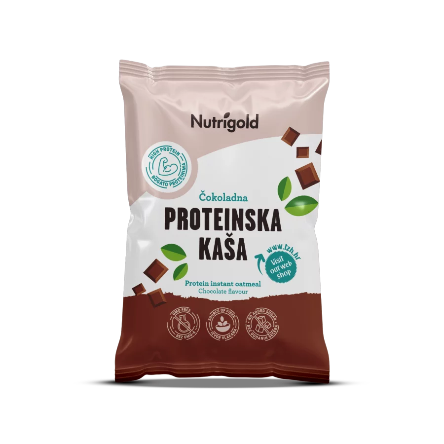 Nutrigold proteinska čokolada u smeđoj, plastičnoj ambalaži od 65g.