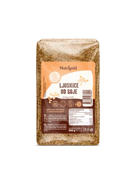 Nutrigold sojini kosmiči v prozorni, plastični embalaži 500g