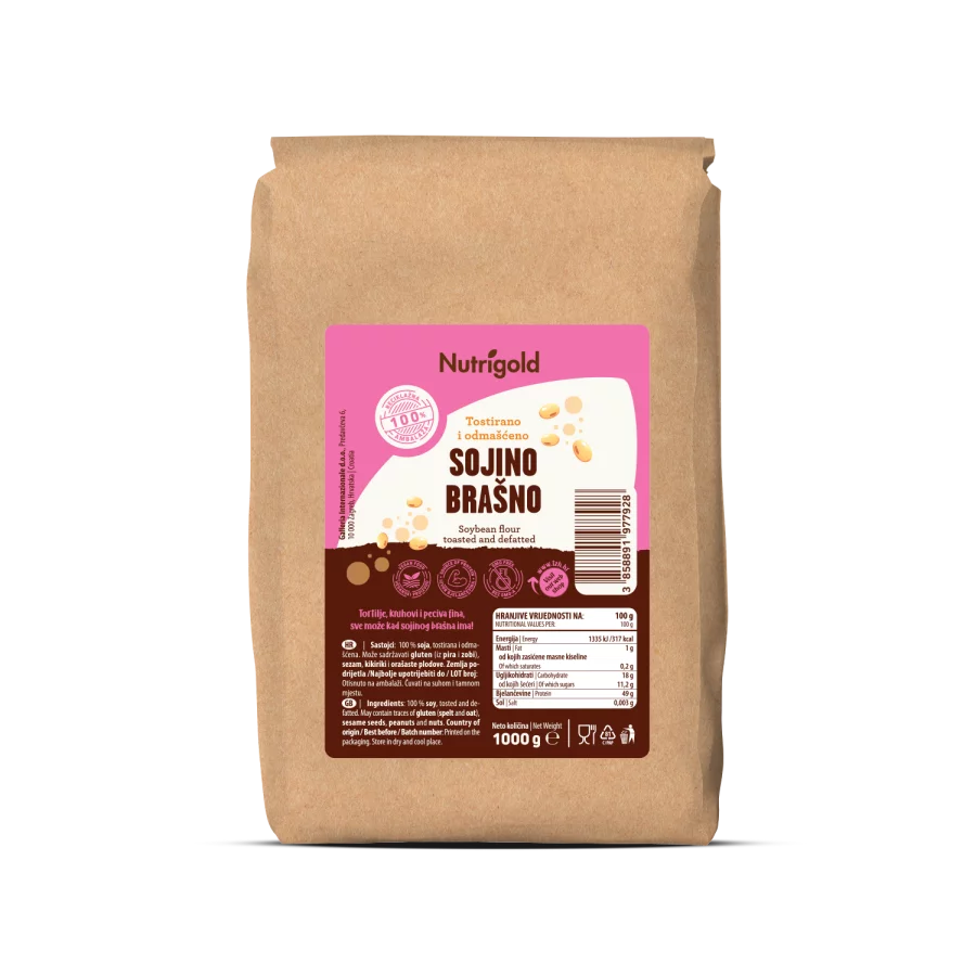 Nutrigold sojina moka v rjavi, kartonski škatli od 1000g