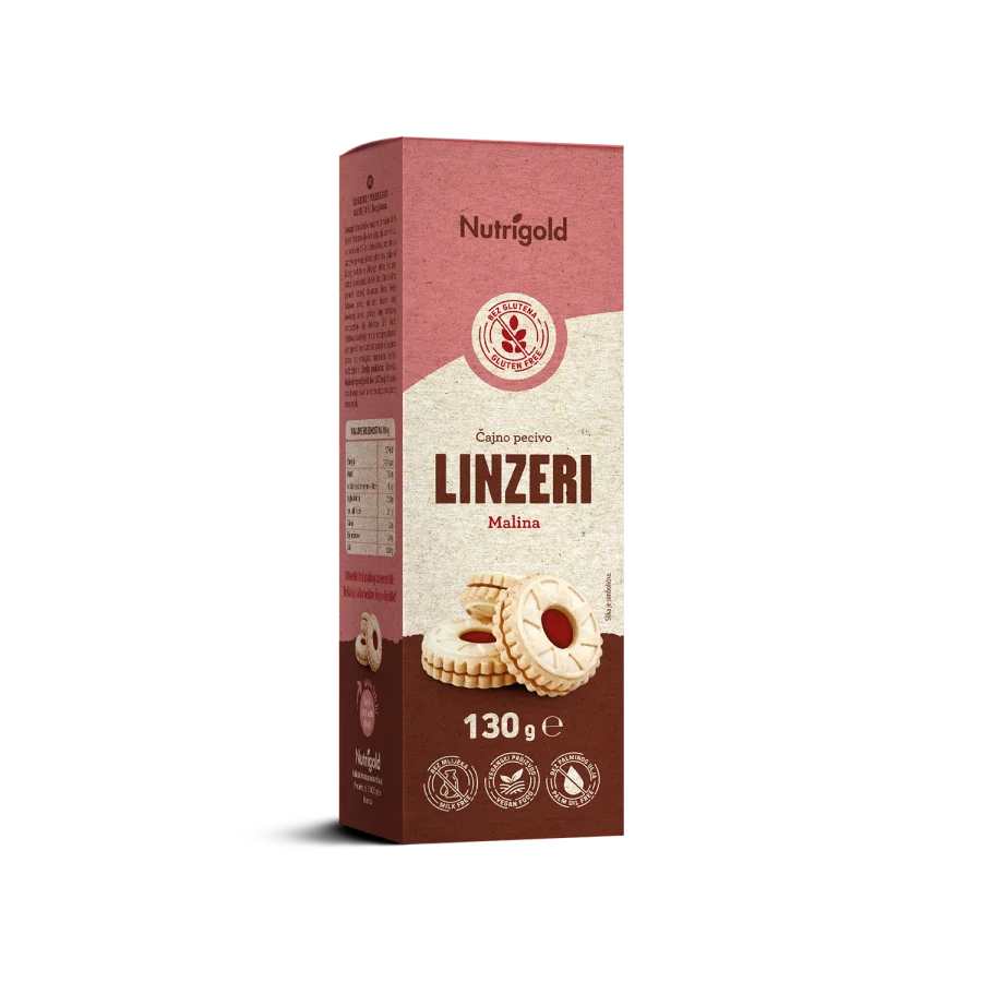 Nutrigold linzer čajni piškoti brez glutena z malino, 130g